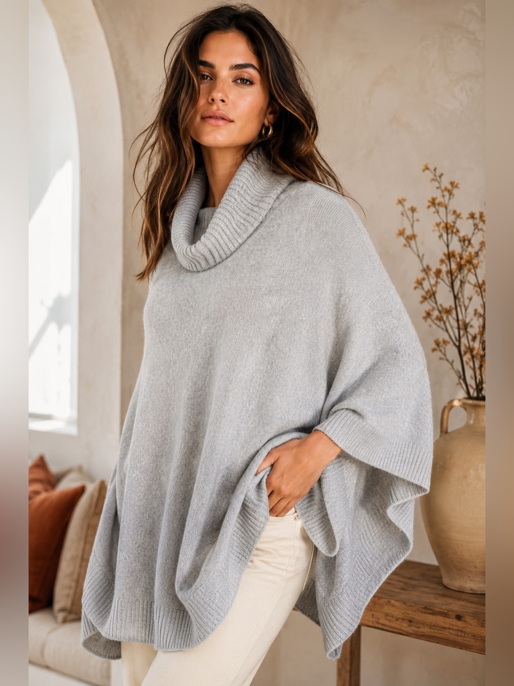 J. Jill Cashmere Blend Cowl Neck Poncho Sweater Gray Oversized Cozy Size L